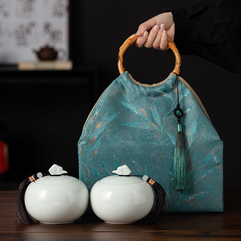 Recipient ceramic pentru ceai într-o cutie cadou din pânză, stil retro, pentru depozitare ceai – verde, negru, Pu'er, Jin Junmei
