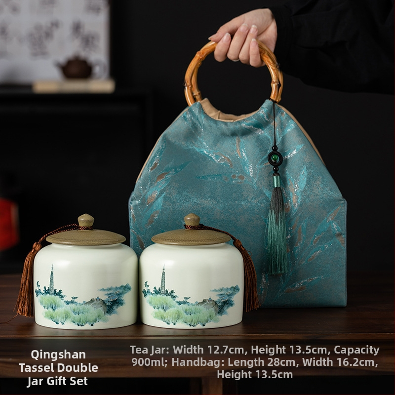 Recipient ceramic pentru ceai într-o cutie cadou din pânză, stil retro, pentru depozitare ceai – verde, negru, Pu'er, Jin Junmei