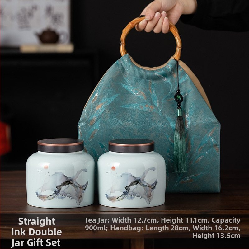 Recipient ceramic pentru ceai într-o cutie cadou din pânză, stil retro, pentru depozitare ceai – verde, negru, Pu'er, Jin Junmei