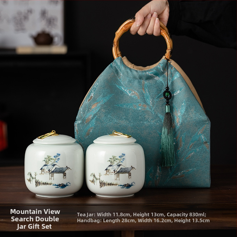 Recipient ceramic pentru ceai într-o cutie cadou din pânză, stil retro, pentru depozitare ceai – verde, negru, Pu'er, Jin Junmei