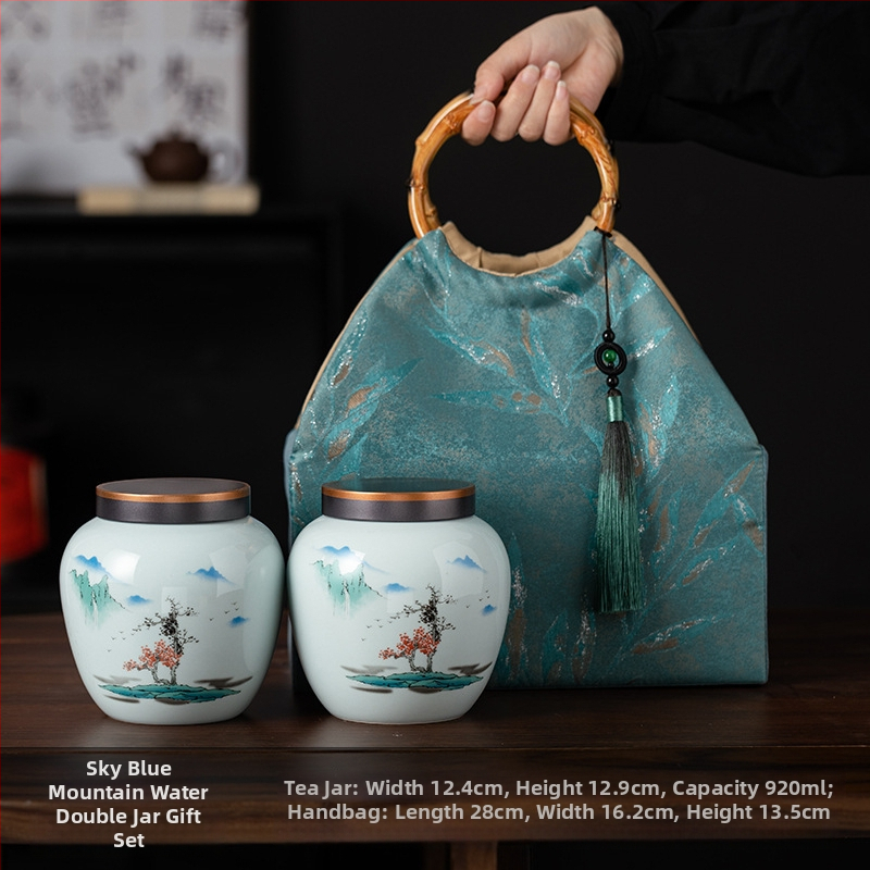 Recipient ceramic pentru ceai într-o cutie cadou din pânză, stil retro, pentru depozitare ceai – verde, negru, Pu'er, Jin Junmei