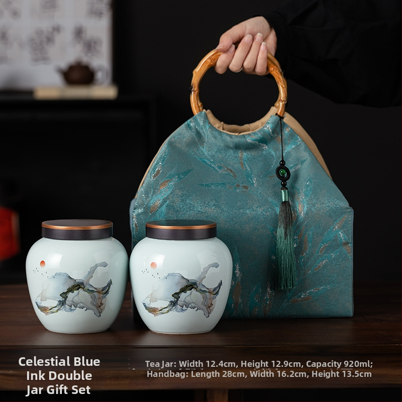 Recipient ceramic pentru ceai într-o cutie cadou din pânză, stil retro, pentru depozitare ceai – verde, negru, Pu'er, Jin Junmei