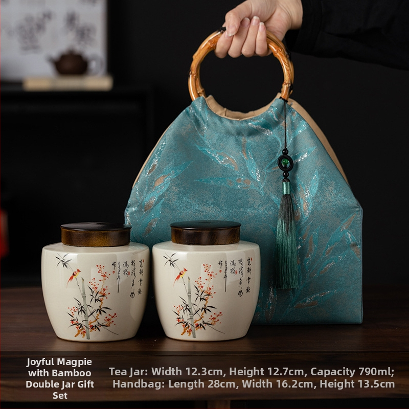 Recipient ceramic pentru ceai într-o cutie cadou din pânză, stil retro, pentru depozitare ceai – verde, negru, Pu'er, Jin Junmei