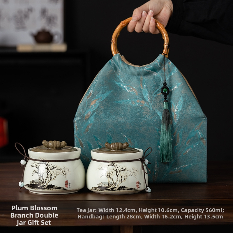 Recipient ceramic pentru ceai într-o cutie cadou din pânză, stil retro, pentru depozitare ceai – verde, negru, Pu'er, Jin Junmei