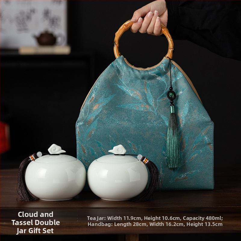 Recipient ceramic pentru ceai într-o cutie cadou din pânză, stil retro, pentru depozitare ceai – verde, negru, Pu'er, Jin Junmei
