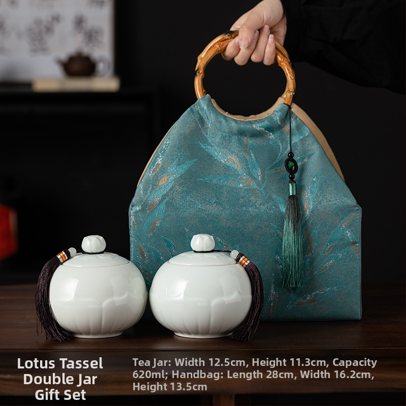 Recipient ceramic pentru ceai într-o cutie cadou din pânză, stil retro, pentru depozitare ceai – verde, negru, Pu'er, Jin Junmei