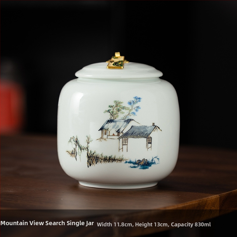 Recipient ceramic pentru ceai într-o cutie cadou din pânză, stil retro, pentru depozitare ceai – verde, negru, Pu'er, Jin Junmei