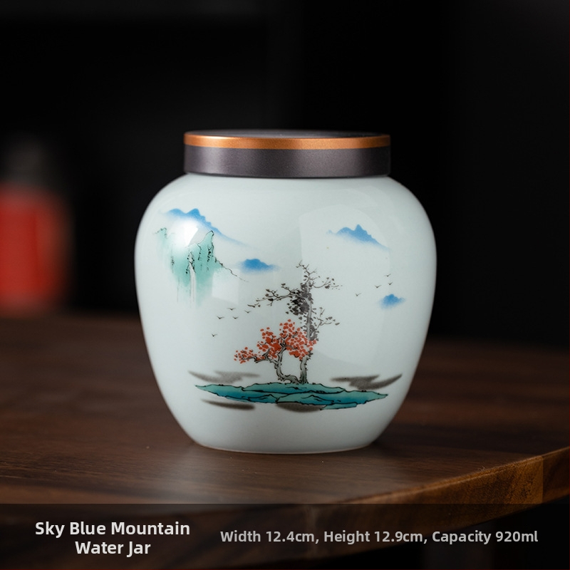 Recipient ceramic pentru ceai într-o cutie cadou din pânză, stil retro, pentru depozitare ceai – verde, negru, Pu'er, Jin Junmei