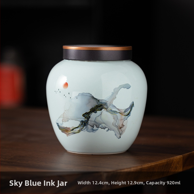 Recipient ceramic pentru ceai într-o cutie cadou din pânză, stil retro, pentru depozitare ceai – verde, negru, Pu'er, Jin Junmei