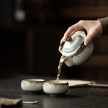Set de ceai ceramic portabil, cu 1 ceainic și 2 cești, pentru călătorii și utilizare în aer liber
