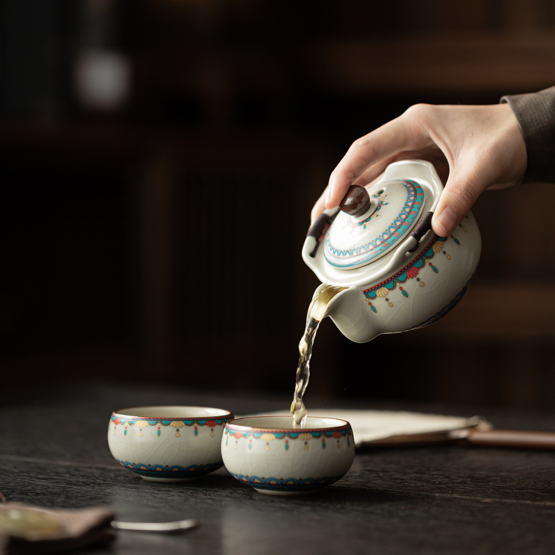 Set de ceai ceramic portabil, cu 1 ceainic și 2 cești, pentru călătorii și utilizare în aer liber