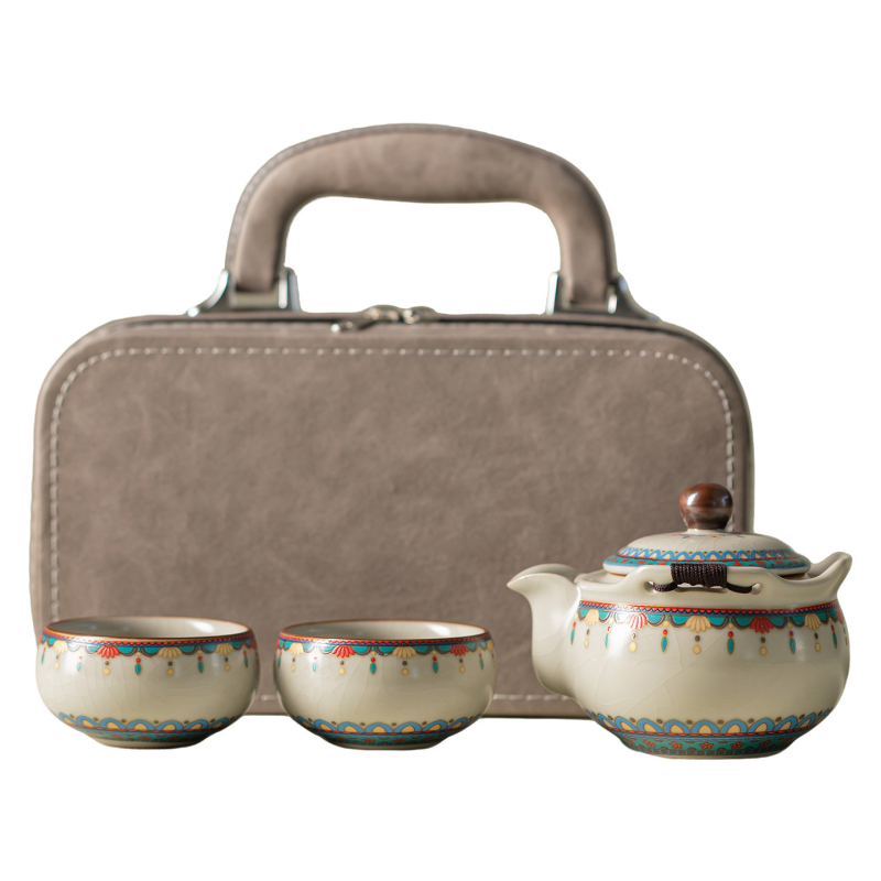 Set de ceai ceramic portabil, cu 1 ceainic și 2 cești, pentru călătorii și utilizare în aer liber