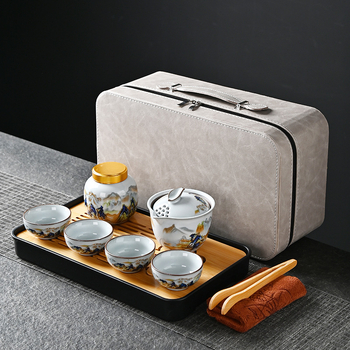 Set de ceai pentru călătorii Ru Kiln, glazură crăpată, cutie cadou cu siglă personalizată