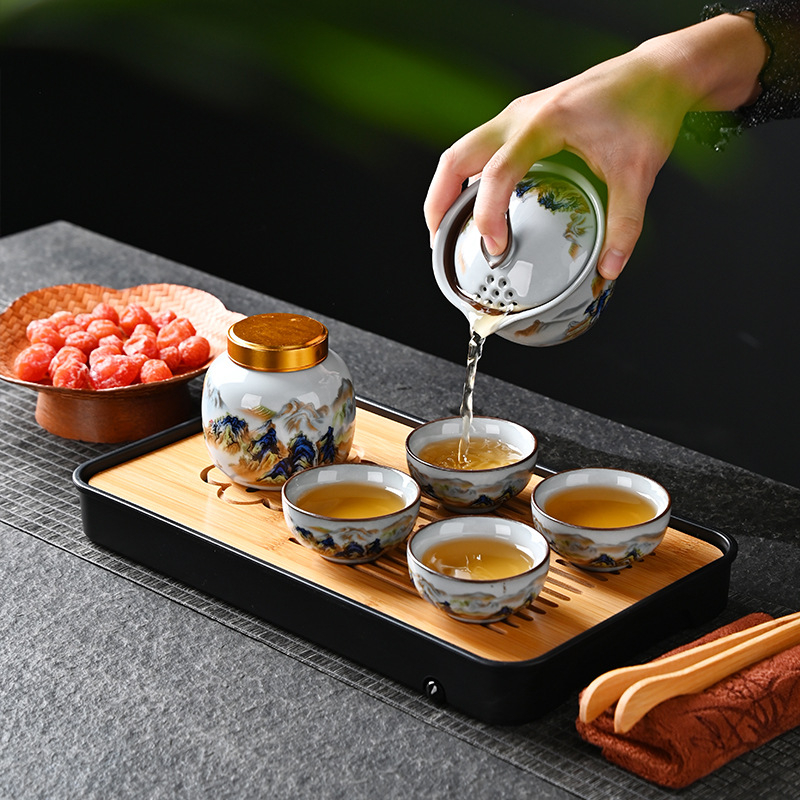 Set de ceai pentru călătorii Ru Kiln, glazură crăpată, cutie cadou cu siglă personalizată