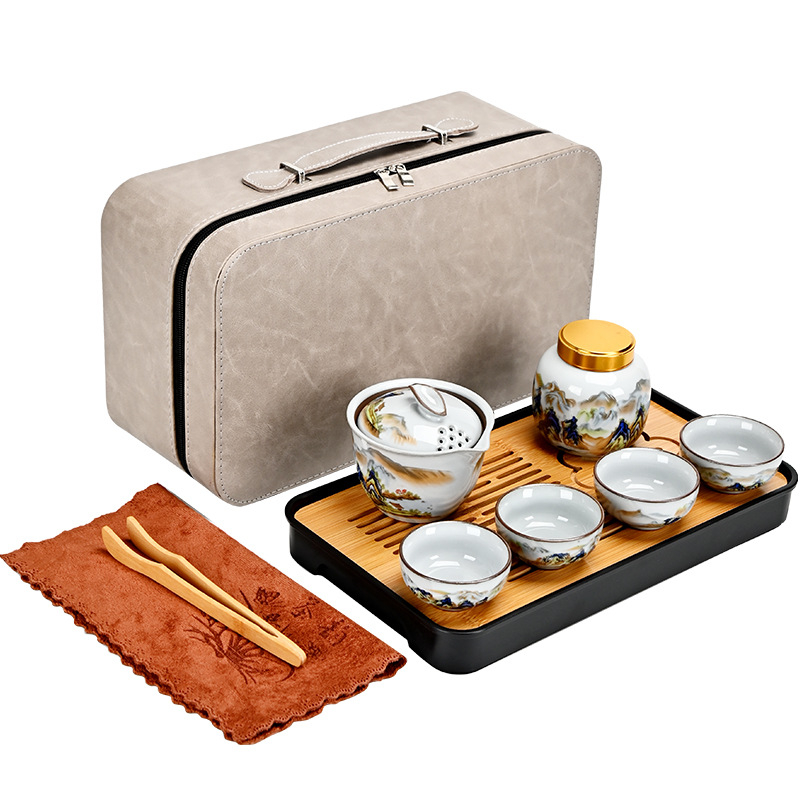 Set de ceai pentru călătorii Ru Kiln, glazură crăpată, cutie cadou cu siglă personalizată