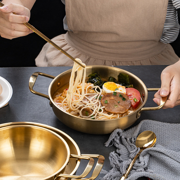 Oală ramen cu mânere duble, oală mică cu bază plată, stil coreean din oțel inoxidabil pentru fructe de mare uscate