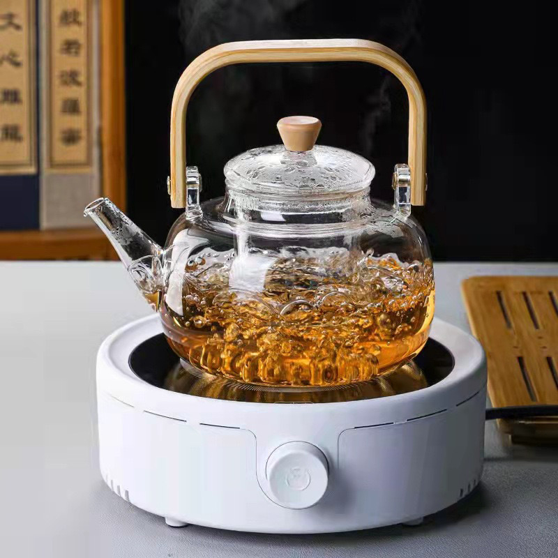 Ceainic de sticlă cu mâner din bambus, stil Kung Fu din borosilicat, set pentru plită electrică