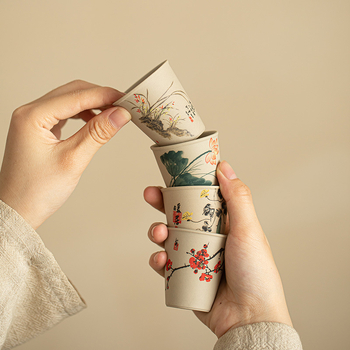 Set de ceai din ceramică de piatră, cu motive florale și păsări — cești pentru gazdă, degustare și oaspeți