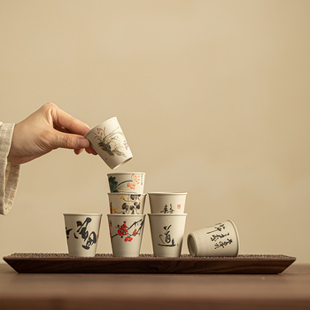 Set de ceai din ceramică de piatră, cu motive florale și păsări — cești pentru gazdă, degustare și oaspeți