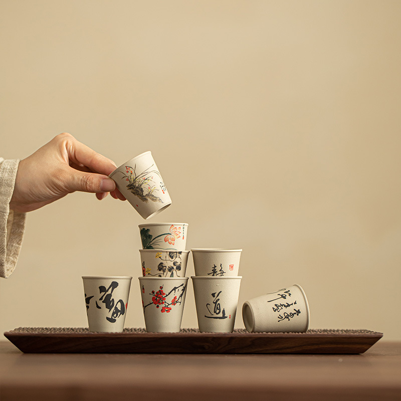 Set de ceai din ceramică de piatră, cu motive florale și păsări — cești pentru gazdă, degustare și oaspeți