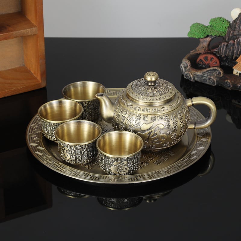 Set de ceai din aliaj de zinc, șase piese, culoare verde antic, stil retro