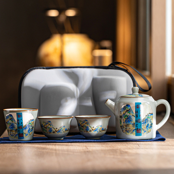 Set de ceai ceramic pentru călătorii, cu un ceainic și trei cești, ambalaj cadou elegant