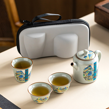 Set de ceai ceramic pentru călătorii, cu un ceainic și trei cești, ambalaj cadou elegant