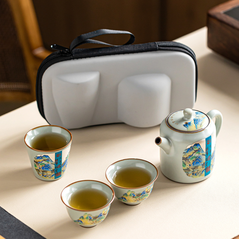 Set de ceai ceramic pentru călătorii, cu un ceainic și trei cești, ambalaj cadou elegant