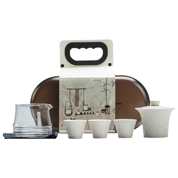Moji set ceai portabil pentru birou și călătorii - vas ceramic cu capac și trei cești, într-o cutie de depozitare