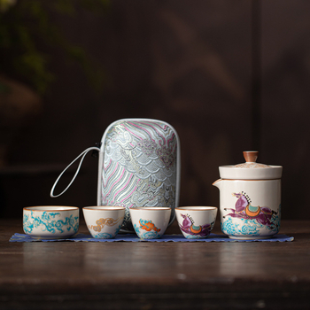 Set de ceai Ru Kiln pentru călătorii, portabil, cu oală și patru cești, echipament de exterior, cadou de sărbătoare