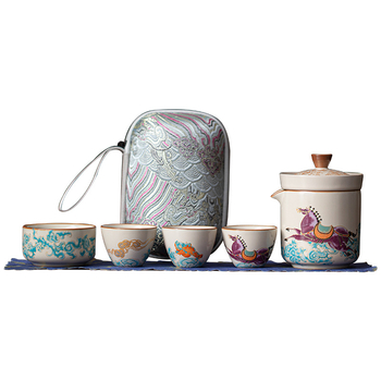 Set de ceai Ru Kiln pentru călătorii, portabil, cu oală și patru cești, echipament de exterior, cadou de sărbătoare