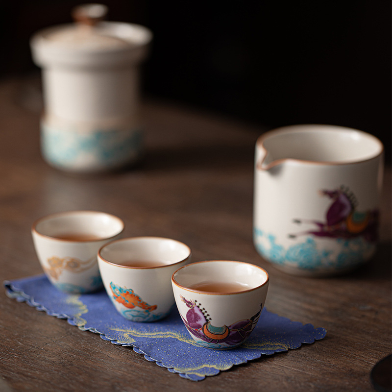 Set de ceai Ru Kiln pentru călătorii, portabil, cu oală și patru cești, echipament de exterior, cadou de sărbătoare