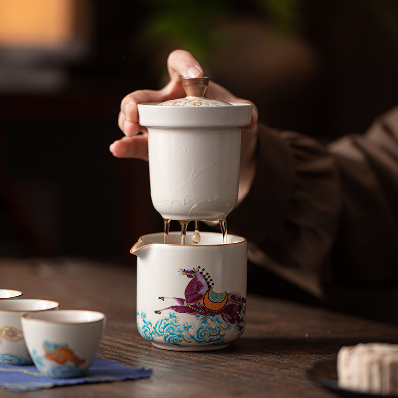 Set de ceai Ru Kiln pentru călătorii, portabil, cu oală și patru cești, echipament de exterior, cadou de sărbătoare