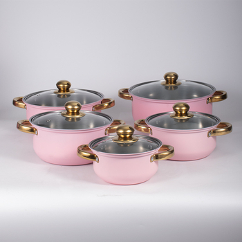 Set de 10 vase din oțel inoxidabil, în culori pastel – oală de supă, oală pentru lapte, tigaie și alte vase, compatibil cu inducția.