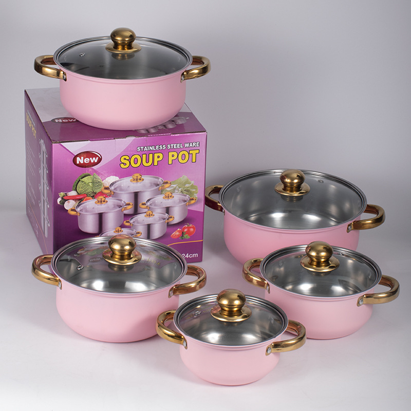 Set de 10 vase din oțel inoxidabil, în culori pastel – oală de supă, oală pentru lapte, tigaie și alte vase, compatibil cu inducția.