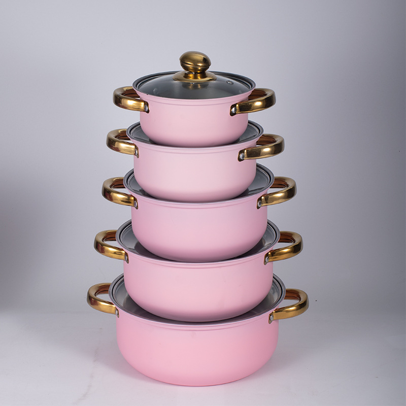 Set de 10 vase din oțel inoxidabil, în culori pastel – oală de supă, oală pentru lapte, tigaie și alte vase, compatibil cu inducția.
