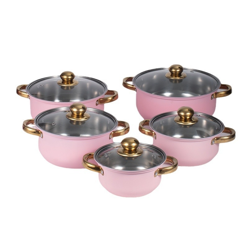 Set de 10 vase din oțel inoxidabil, în culori pastel – oală de supă, oală pentru lapte, tigaie și alte vase, compatibil cu inducția.