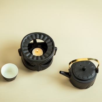 Set ceramic pentru încălzire ceai cu bază încălzită de lumânare, stil retro, pentru 4 persoane