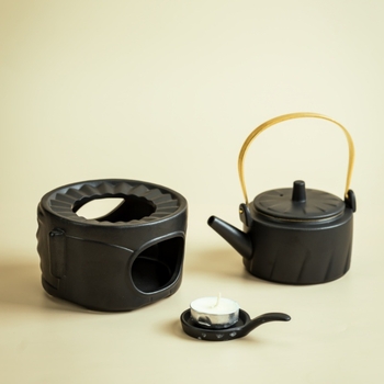 Set ceramic pentru încălzire ceai cu bază încălzită de lumânare, stil retro, pentru 4 persoane