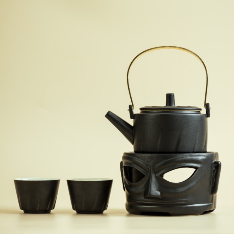 Set ceramic pentru încălzire ceai cu bază încălzită de lumânare, stil retro, pentru 4 persoane