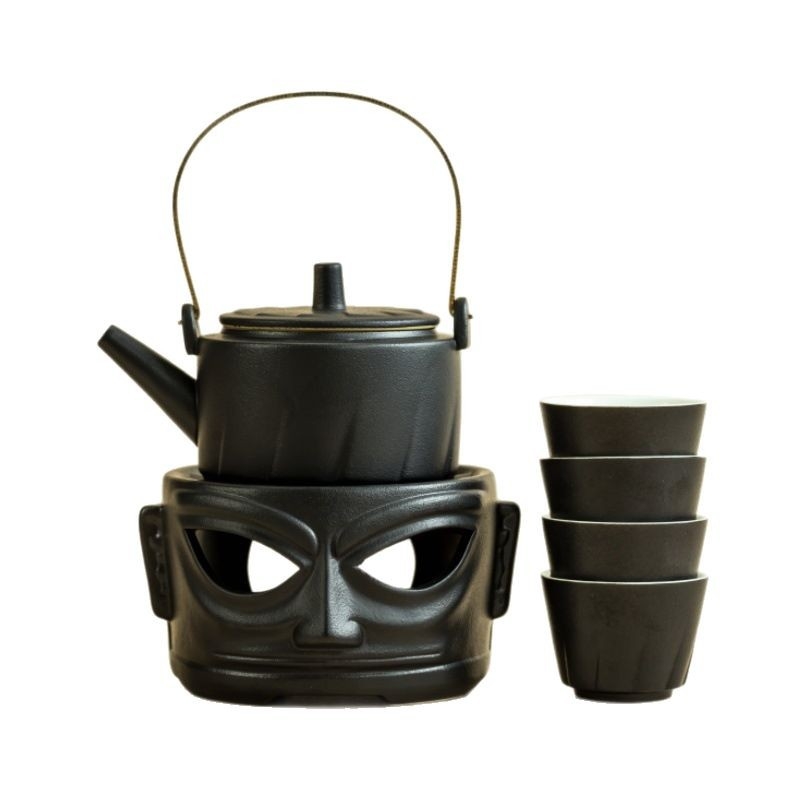 Set ceramic pentru încălzire ceai cu bază încălzită de lumânare, stil retro, pentru 4 persoane