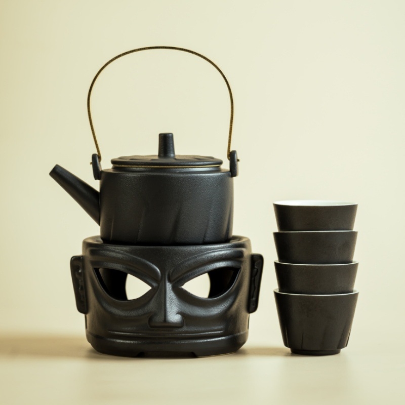 Set ceramic pentru încălzire ceai cu bază încălzită de lumânare, stil retro, pentru 4 persoane