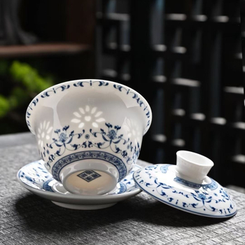 Set de ceai din porțelan albastru și alb, porțelan de înaltă calitate, model sub glazură, ambalaj cadou, personalizabil, pentru 6 persoane, stil Nou Chinezesc.