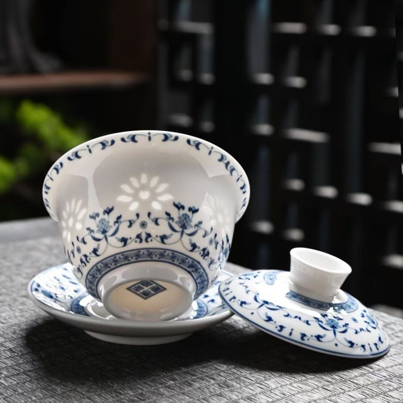 Set de ceai din porțelan albastru și alb, porțelan de înaltă calitate, model sub glazură, ambalaj cadou, personalizabil, pentru 6 persoane, stil Nou Chinezesc.