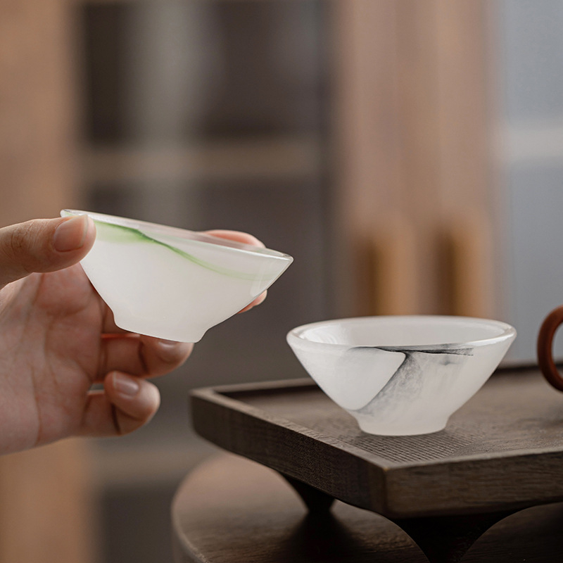 Set de cești de ceai din sticlă, stil chinezesc, glazură Ink Glaze: ceașcă Kung Fu și ceașcă de degustare a ceaiului, cu luciu verde