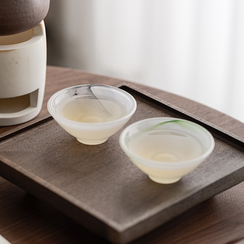 Set de cești de ceai din sticlă, stil chinezesc, glazură Ink Glaze: ceașcă Kung Fu și ceașcă de degustare a ceaiului, cu luciu verde