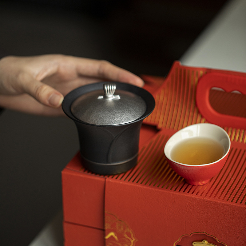 Set ceramic de ceai cu gaiwan în cutie cadou, inspirat de Orașul Interzis — set cultural și creativ pentru afaceri