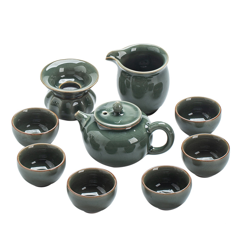 Set ceai ceramic pentru 6 persoane, ceainic cu glazură Ru, în cutie cadou