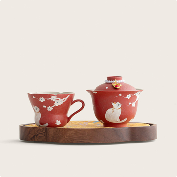 Set de ceai ceramic roșu chinezesc, pictură manuală cu pisică și floare de prune, cu bol cu capac, cești și farfurie pentru acasă, ceremonie Kung Fu