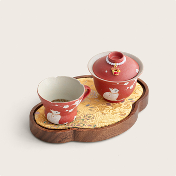 Set de ceai ceramic roșu chinezesc, pictură manuală cu pisică și floare de prune, cu bol cu capac, cești și farfurie pentru acasă, ceremonie Kung Fu